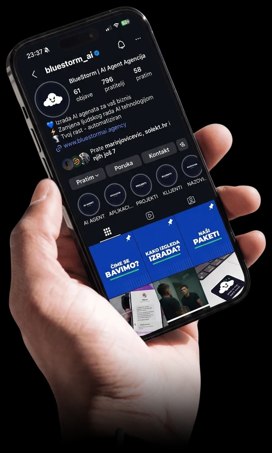 Instagram profil @bluestorm_ai otvoren na mobitelu